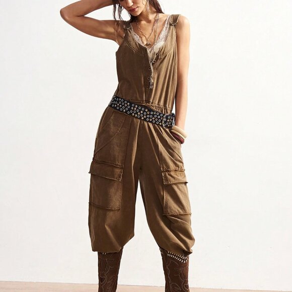 Khaki Casual Boho Women's Loose Washed Jumpsuit - Picture 4 of 7